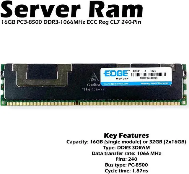 Alt view image 2 of 7 - Edge 16GE604R04 16GB PC3-8500 DDR3-1066MHz ECC Reg CL7 240-Pin Server RAM Memory