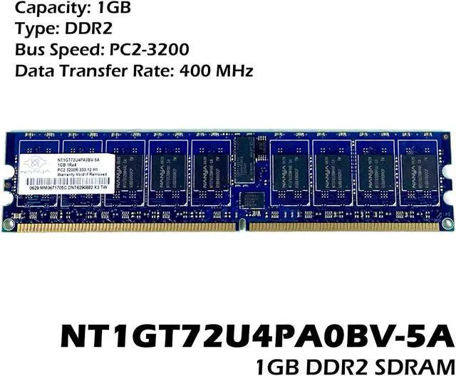 Alt view image 2 of 7 - Nanya NT1GT72U4PA0BV-5A 1GB PC2-3200 DDR2-400MHz Reg ECC Server Memory