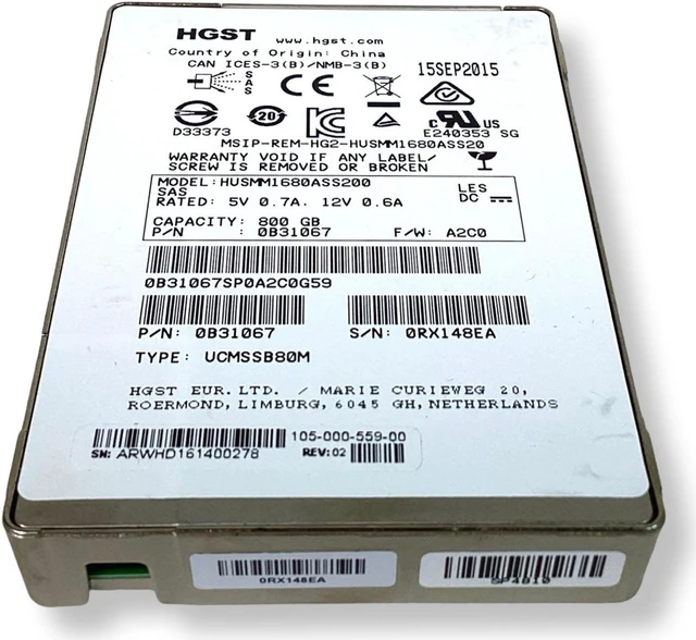 Alt view image 3 of 7 - HGST HUSMM1680ASS200 800GB SAS 12Gbps MLC 2.5" Solid State Drive 0B31067