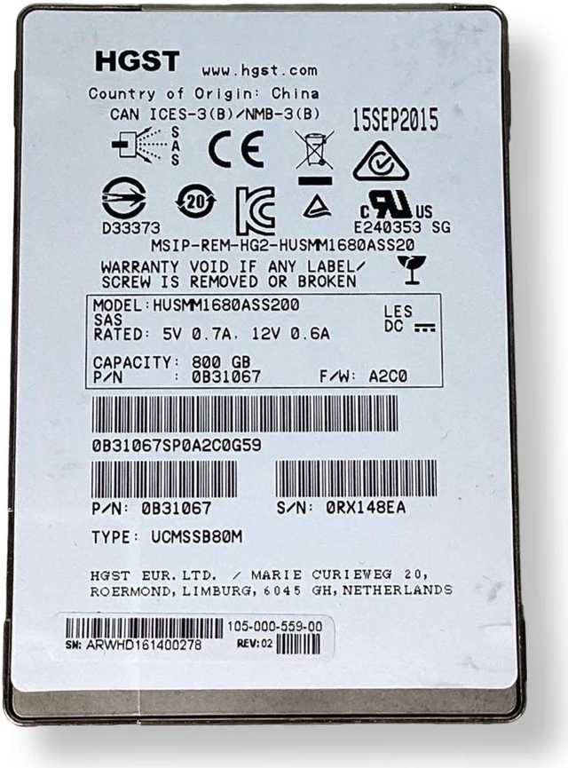 Alt view image 5 of 7 - HGST HUSMM1680ASS200 800GB SAS 12Gbps MLC 2.5" Solid State Drive 0B31067