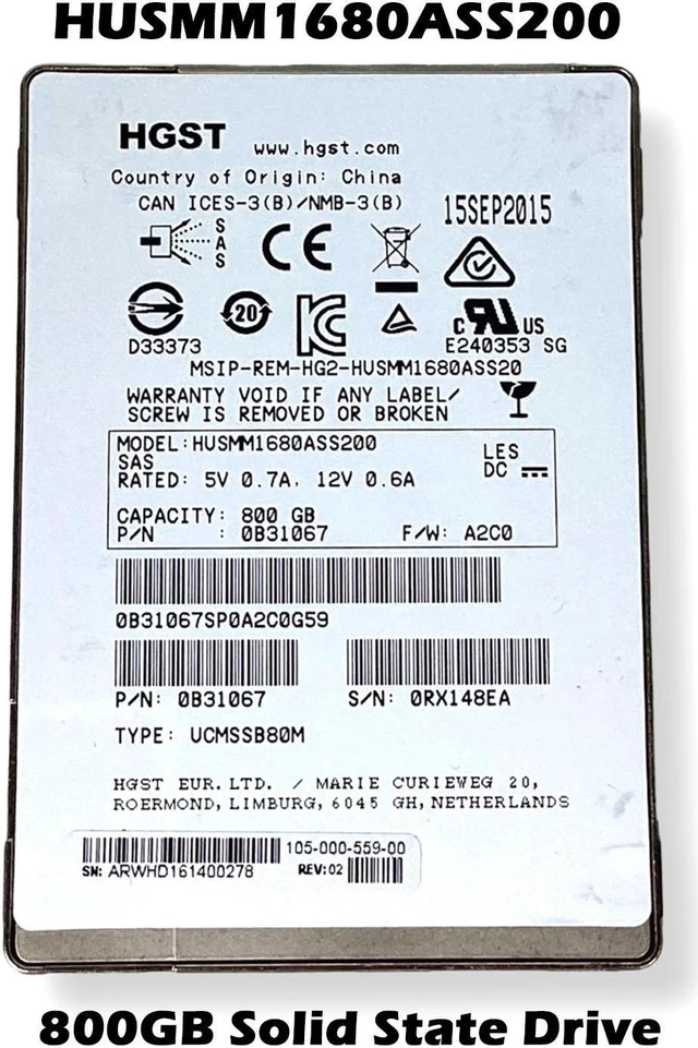 Alt view image 2 of 7 - HGST HUSMM1680ASS200 800GB SAS 12Gbps MLC 2.5" Solid State Drive 0B31067