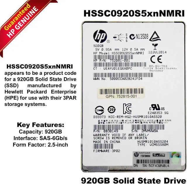 Main image of HP HSSC0920S5xnNMRI 920GB MLC SAS 6Gbps 2.5" SFF Solid State Drive 0B30149