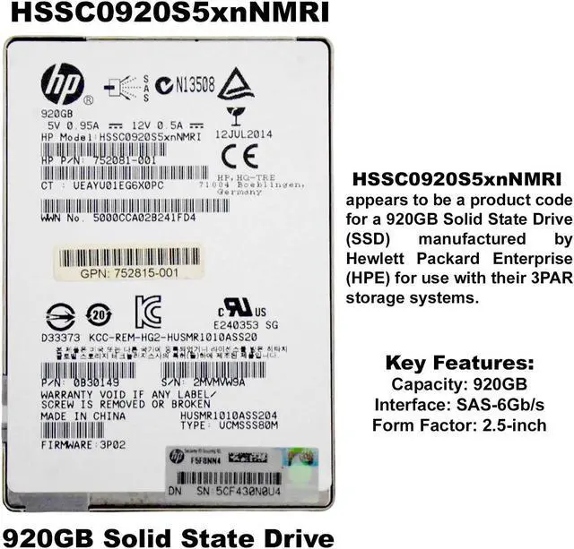 Alt view image 2 of 7 - HP HSSC0920S5xnNMRI 920GB MLC SAS 6Gbps 2.5" SFF Solid State Drive 0B30149