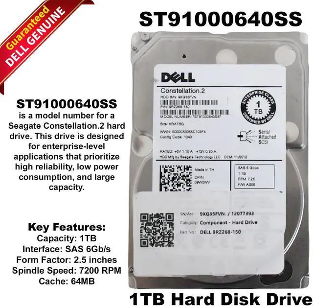 Main image of Dell 1TB 7200 RPM 6G SAS SFF 2.5" Hard Drive 9RZ268-150