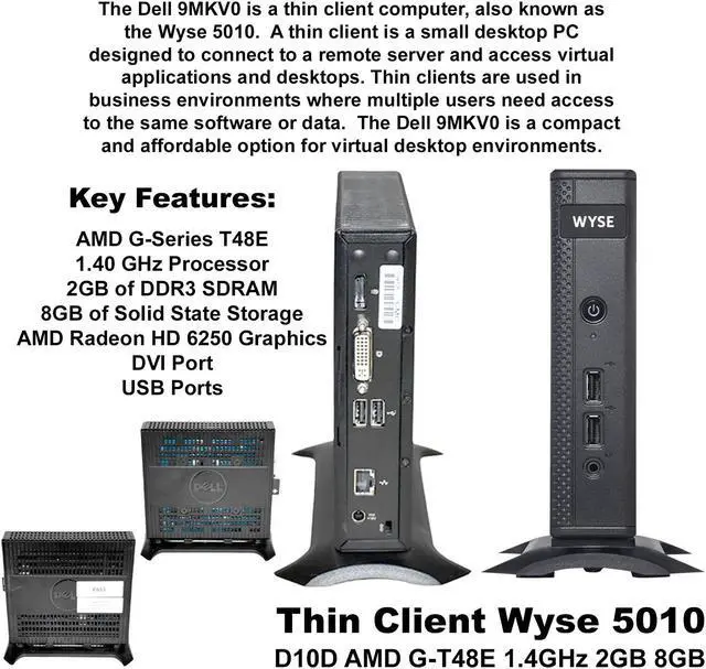 Alt view image 2 of 7 - Dell Wyse 5010 D10D Thin Client AMD G-T48E 1.4GHz 2GB RAM 8GB SSD ThinOS RJ45 9MKV0-SP-A21