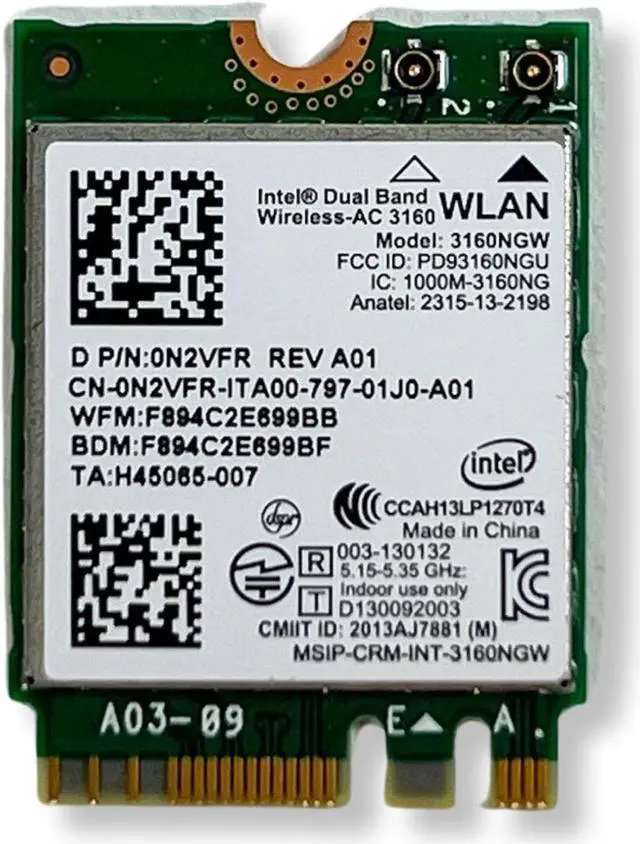 Alt view image 2 of 5 - Intel Dual Band Wireless-AC 3160 3160NGW Bluetooth WLAN WiFi Card N2VFR