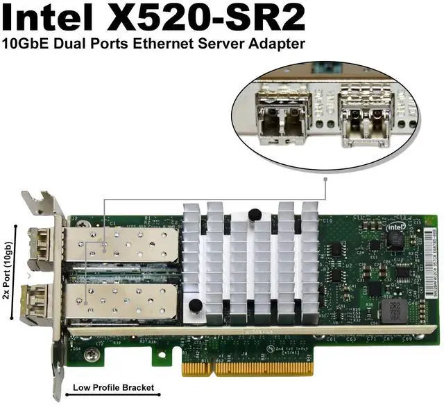 Main image of Intel X520-SR2 Dual-Port 10GbE SFP+ PCIe 2.0 x 8 Low-Profile Network Adapter 82599 Chipset E10G42BFSR/LP