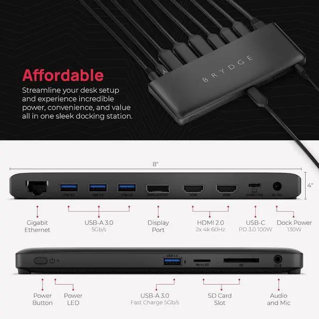 Alt view image 2 of 7 - Brydge Stone C Docking Station, 12 Expansion Ports, Windows 10 & 11 Laptop Compatible, Dock Supports Multiple Displays, 100 Watts of Power, USB-A, USB-C, HDMI, DP, 3.5mm, SD, MicroSD