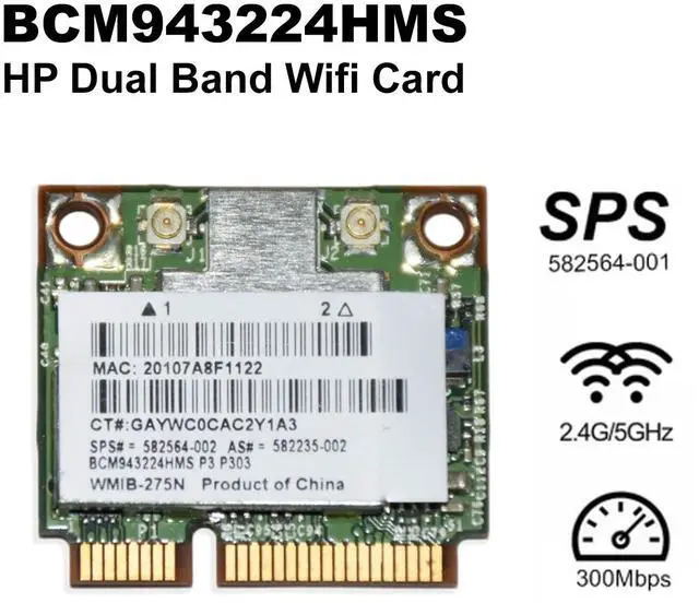Main image of HP BCM943224HMS Dual Band Wireless Half Mini PCI-e upto 300mbps WiFi Card 582236-002