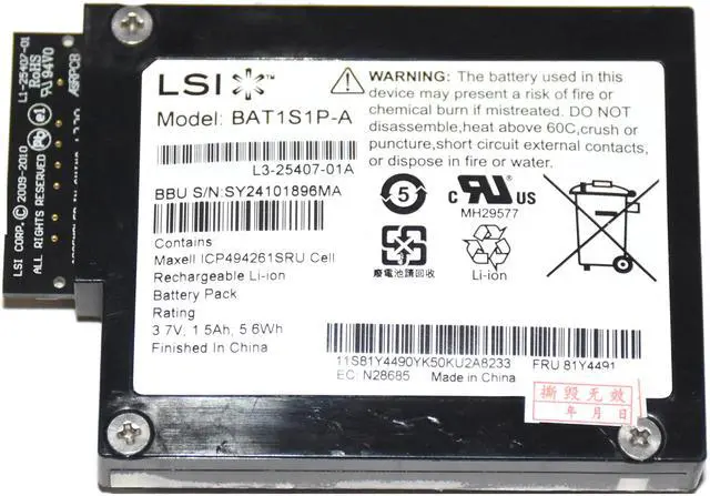 Alt view image 2 of 4 - LSI BAT1S1P-A RAID Backup Battery for MegaRAID 9260 9261 9280 BBU Module L3-25407 IBBU09
l5-25407-00c