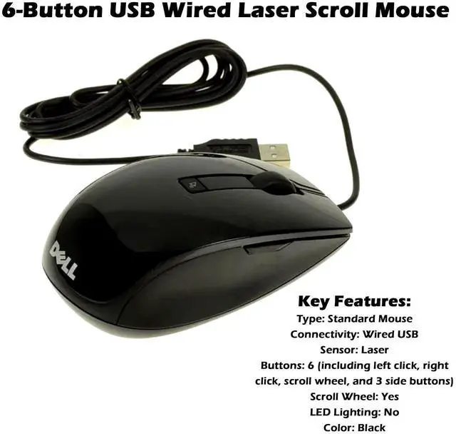 Main image of Dell USB Wired Laser Mouse 6-Button Scroll Wheel Black J660D V7623 Lot of 3