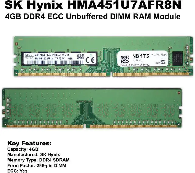 Alt view image 2 of 4 - SK Hynix HM4A451U7AFR8N 4GB DDR4-2400 Mhz ECC Unbuffered 288 Pin DIMM RAM N8MT5