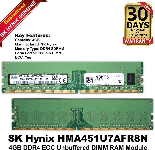 Main image of SK Hynix HM4A451U7AFR8N 4GB DDR4-2400 Mhz ECC Unbuffered 288 Pin DIMM RAM N8MT5