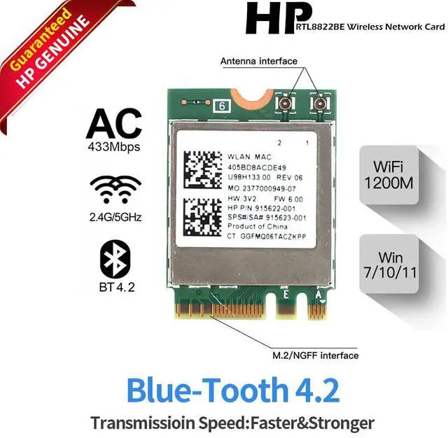 Main image of HP 915622-001 Realtek RTL8822BE WiFi 802.11 Bluetooth 4.2 M.2 NGFF Wireless Card