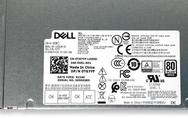Alt view image 6 of 6 - Dell L300EGM-00 300 Watt Power Supply Unit TG7YF 0TG7YF - OEM
