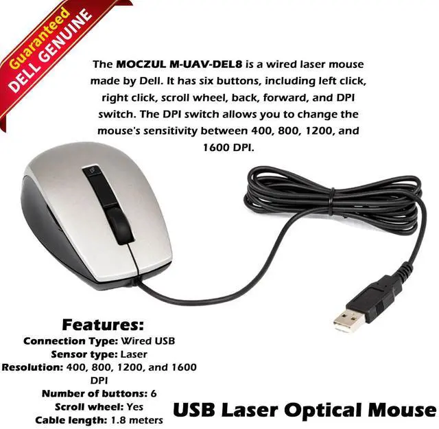 Alt view image 4 of 8 - Original Dell 1KHD8 USB Laser 1600 Dpi 6 Button Y365C K251D Scroll Wheel Mouse