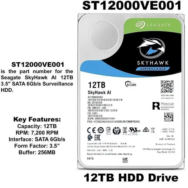 Alt view image 5 of 10 - Seagate SkyHawk AI ST12000VE001 12TB 7200 RPM 256MB Cache SATA 6.0Gb/s 3.5" Internal Hard Drive Bare Drive