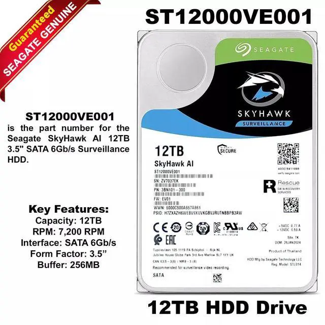 Alt view image 4 of 10 - Seagate SkyHawk AI ST12000VE001 12TB 7200 RPM 256MB Cache SATA 6.0Gb/s 3.5" Internal Hard Drive Bare Drive