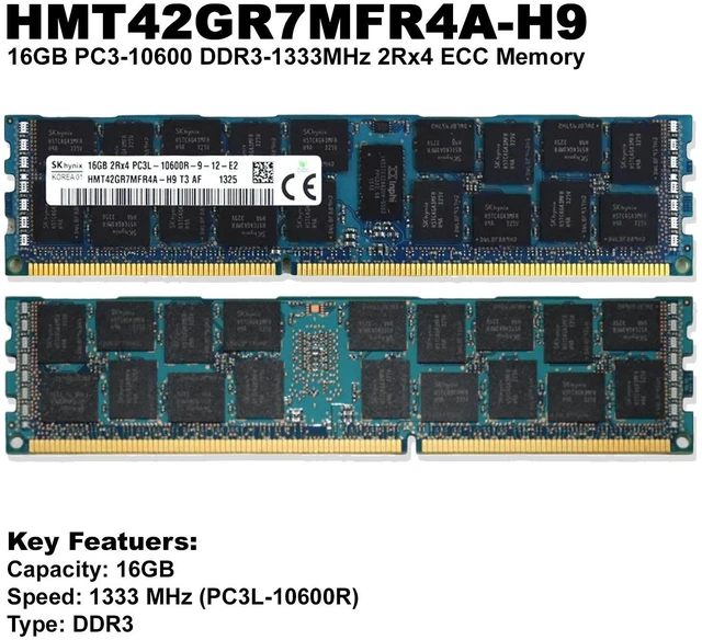 Alt view image 2 of 5 - SK Hynix HMT42GR7MFR4A-H9 16GB PC3-10600 DDR3-1333MHz 2Rx4 ECC Memory Module - OEM