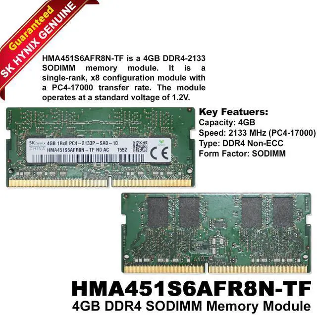 Main image of SK Hynix 4GB DDR4-2133 SODIMM RAM HMA451S6AFR8N-TF - PC4-17000P, Single Rank
