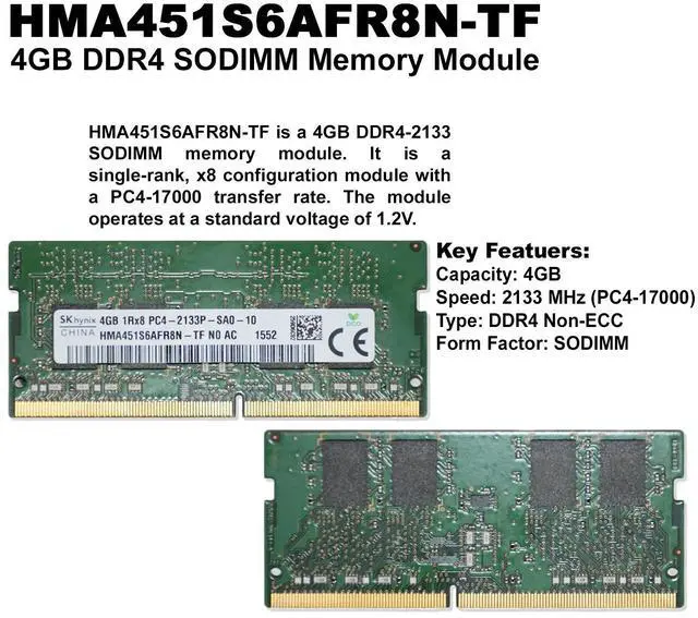 Alt view image 2 of 4 - SK Hynix 4GB DDR4-2133 SODIMM RAM HMA451S6AFR8N-TF - PC4-17000P, Single Rank