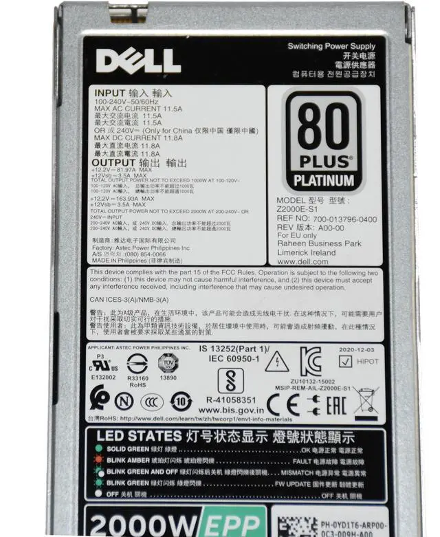 Alt view image 5 of 7 - Dell Z2000E-S1 2000W Hot Pluggable Power Supply YD1T6 for PowerEdge Servers