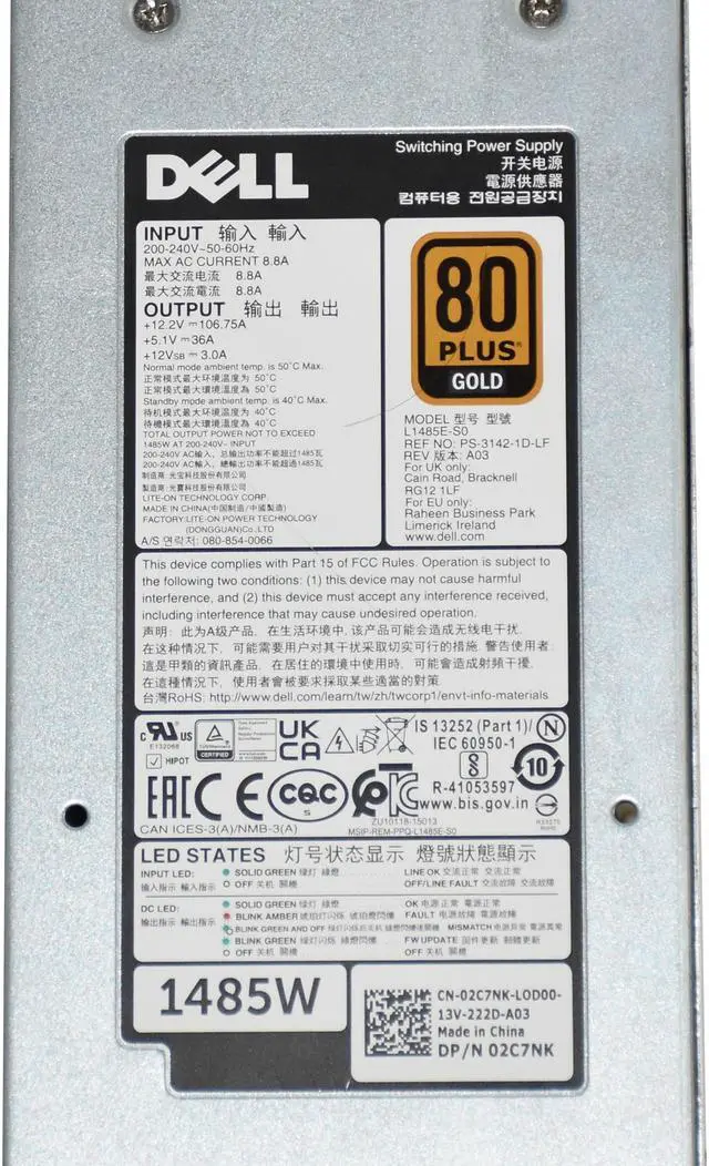 Alt view image 7 of 7 - Dell L1485E-S0 1482W 80 Plus Gold Power Supply Unit 2C7NK