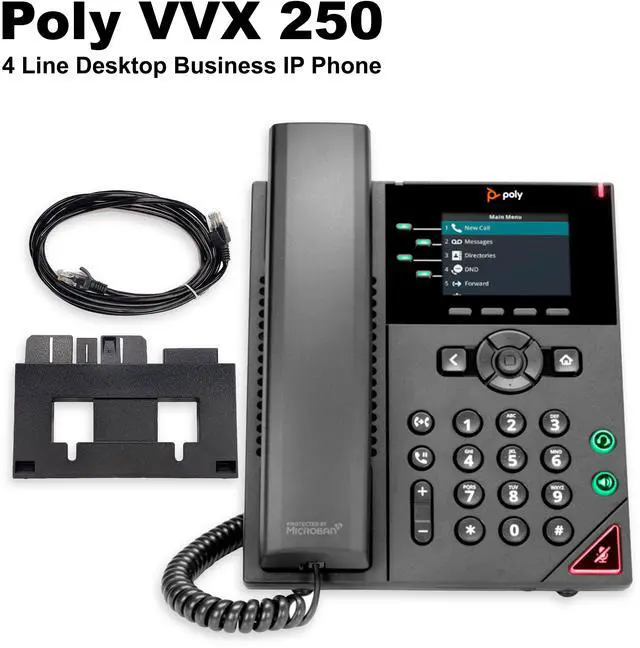 Alt view image 2 of 7 - HP OEM Poly VVX 250 4-Line VoIP Phone, Color LCD, HD Voice, Acoustic Fence Noise Reduction, Dual Gigabit Ethernet, USB Port, PoE, SIP Support, ENERGY STAR, Antimicrobial Surface