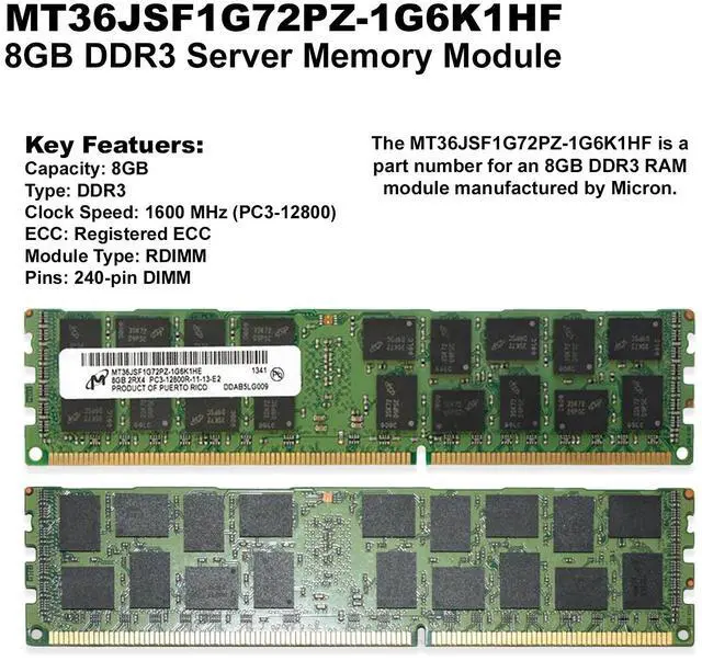 Alt view image 2 of 4 - Micron MT36JSF1G72PZ-1G6K1 8GB DDR3 1600Mhz Server Memory Module