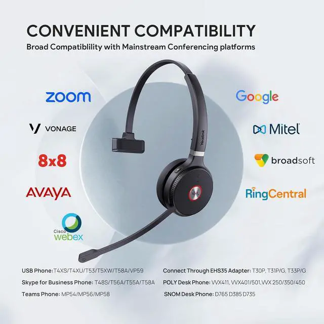 Alt view image 6 of 11 - Yealink WH62 Wireless Headset with Microphone for PC Computer Laptop Zoom Teams Certified Headset for Office IP VoIP Phones DECT Headset SIP Phone for Unified Communication