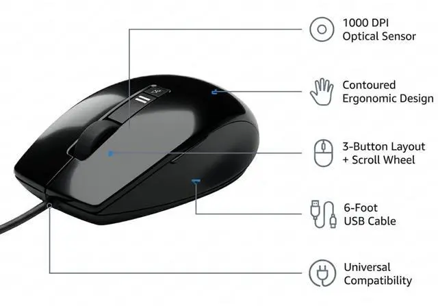 Alt view image 3 of 7 - Dell V7623 Wired Ambidextrous 6-Button USB Mouse with 1600 DPI Optical Smooth Tracking, Quiet Clicks, Fast Scrolling Wheel, Compatible with PC, Mac, Laptop (CN-0V7623, J661D, J660D, V7623)