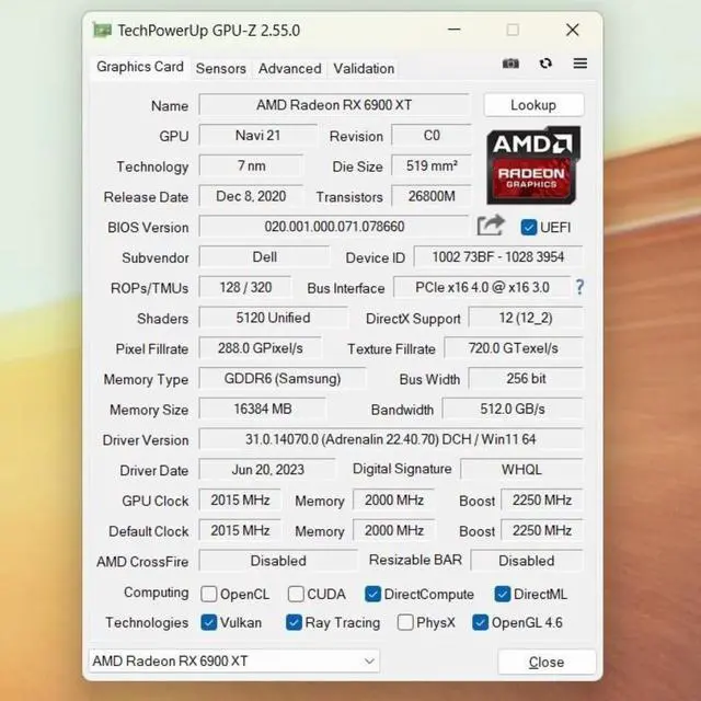 Alt view image 4 of 7 - Dell AMD Radeon RX 6900 XT 16GB GDDR6 OEM Graphics Card, 256-Bit PCIe 4.0, Triple-Fan Cooling, 3x DisplayPort + HDMI, Alienware Aurora R15 Video Card DR1W0