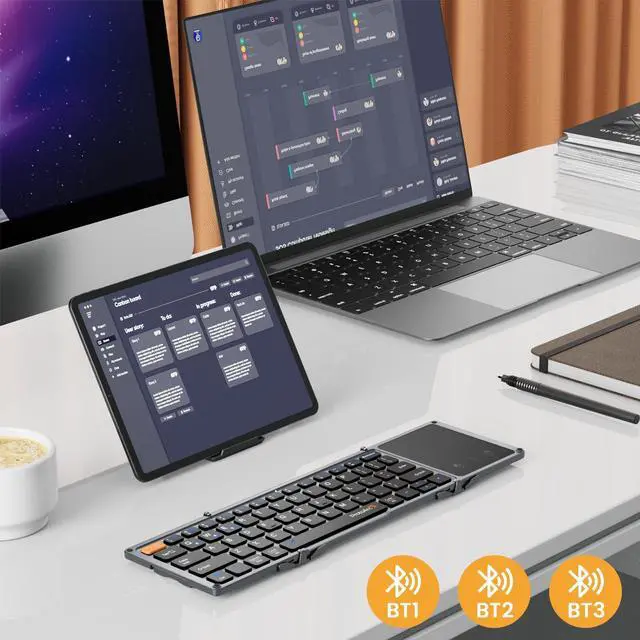 Alt view image 2 of 7 - ProtoArc Foldable Bluetooth Keyboard with Touchpad, XK02 Folding Wireless Keyboard for Travel, Pocket-Sized Compact Portable Keyboard for iPad iPhone Tablet Laptop Windows iOS Android