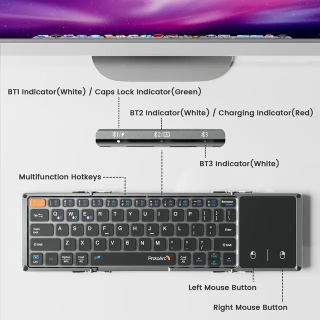 Alt view image 7 of 7 - ProtoArc Foldable Bluetooth Keyboard with Touchpad, XK02 Folding Wireless Keyboard for Travel, Pocket-Sized Compact Portable Keyboard for iPad iPhone Tablet Laptop Windows iOS Android