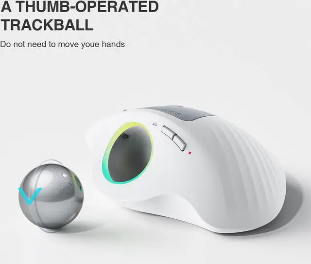 Alt view image 3 of 7 - RGB Wireless Trackball Mouse, ProtoArc 2.4G Bluetooth Ergonomic Rechargeable Rollerball Mice with 3 Adjustable DPI, 3 Device Connection&Thumb Control, Compatible for PC, Mac, Windows-Black White