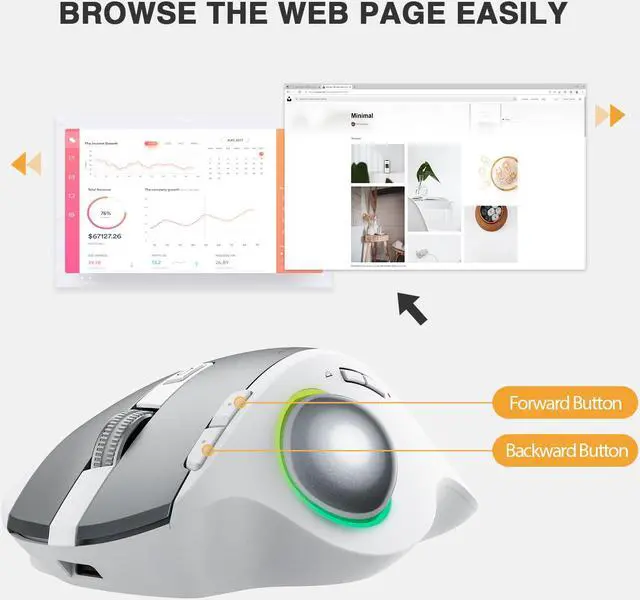 Alt view image 6 of 7 - RGB Wireless Trackball Mouse, ProtoArc 2.4G Bluetooth Ergonomic Rechargeable Rollerball Mice with 3 Adjustable DPI, 3 Device Connection&Thumb Control, Compatible for PC, Mac, Windows-Black White