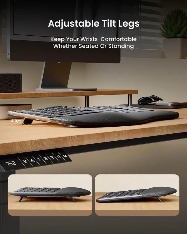 Alt view image 4 of 7 - Ergonomic Wireless Keyboard Mouse, ProtoArc EKM01 Plus Full Size Ergo Bluetooth Keyboard Mouse Combo, Split Design, Wrist Rest, Multi-Device, Rechargeable, for Windows/Mac OS