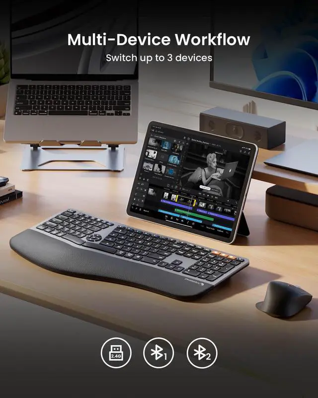 Alt view image 6 of 7 - Ergonomic Wireless Keyboard Mouse, ProtoArc EKM01 Plus Full Size Ergo Bluetooth Keyboard Mouse Combo, Split Design, Wrist Rest, Multi-Device, Rechargeable, for Windows/Mac OS