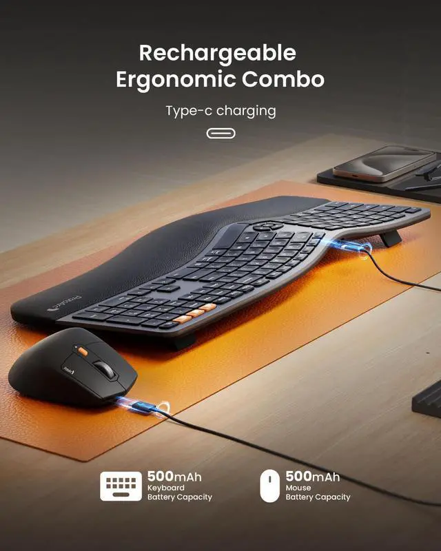 Alt view image 7 of 7 - Ergonomic Wireless Keyboard Mouse, ProtoArc EKM01 Plus Full Size Ergo Bluetooth Keyboard Mouse Combo, Split Design, Wrist Rest, Multi-Device, Rechargeable, for Windows/Mac OS
