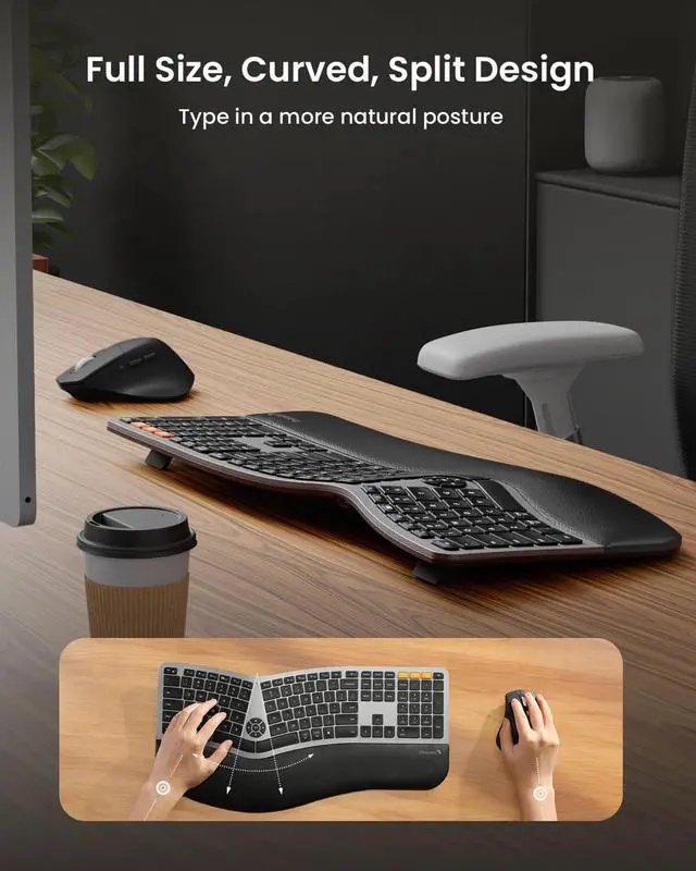 Alt view image 2 of 7 - Ergonomic Wireless Keyboard Mouse, ProtoArc EKM01 Plus Full Size Ergo Bluetooth Keyboard Mouse Combo, Split Design, Wrist Rest, Multi-Device, Rechargeable, for Windows/Mac OS