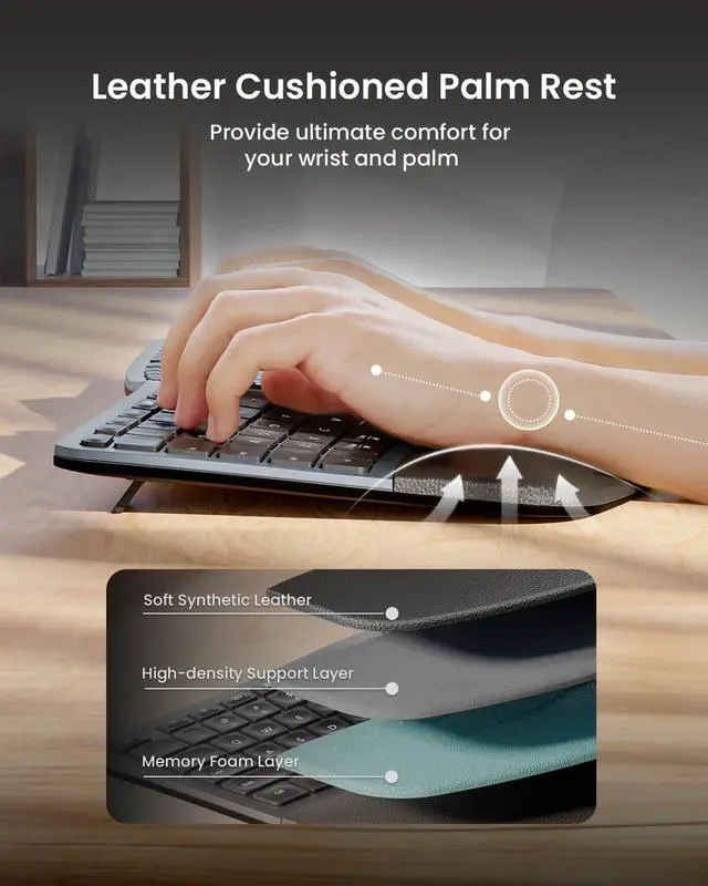 Alt view image 3 of 7 - Ergonomic Wireless Keyboard Mouse, ProtoArc EKM01 Plus Full Size Ergo Bluetooth Keyboard Mouse Combo, Split Design, Wrist Rest, Multi-Device, Rechargeable, for Windows/Mac OS