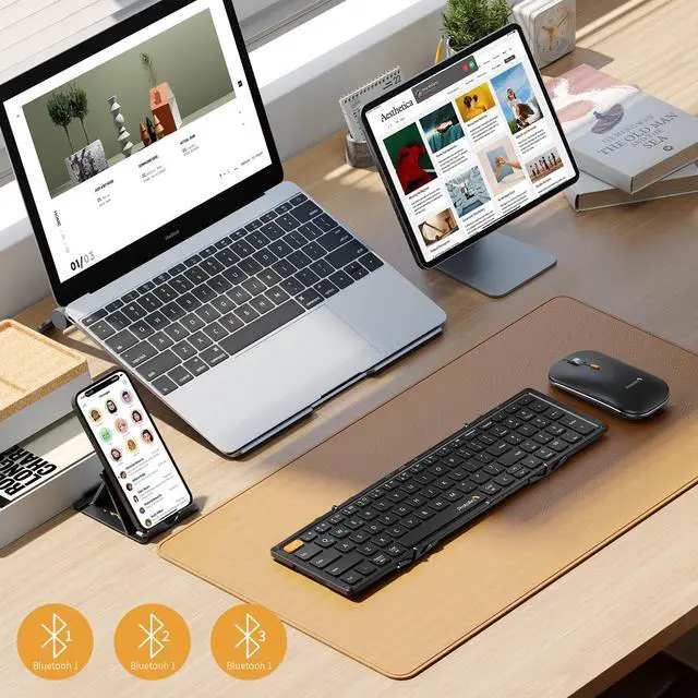 Alt view image 2 of 7 - ProtoArc Foldable Compact Keyboard and Mouse, XKM01 Mini Folding Portable Bluetooth Keyboard Mouse Set, Small Travel Keyboard for iPad iPhone Mac Android Windows iOS, Sync Up to 3 Devices