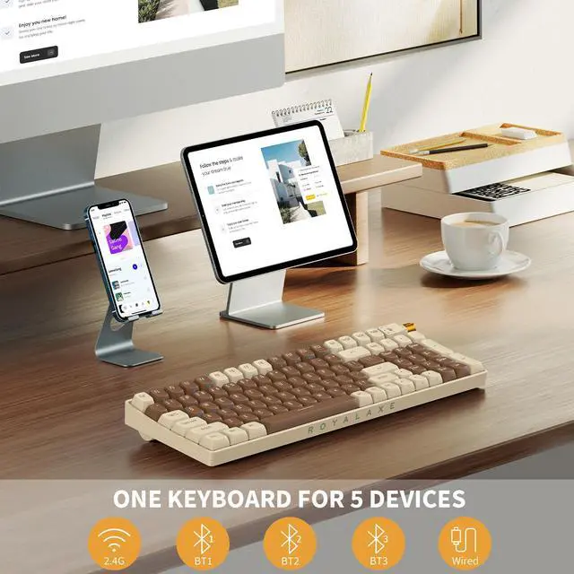 Alt view image 5 of 6 - ProtoArc X RoyalAxe R100 Mechanical Keyboard, Gateron G Pro 3.0 Yellow Switch, Hot Swappable Wired/Bluetooth/2.4G Wireless Keyboard with RGB Light for Windows & Mac, PBT Keycaps