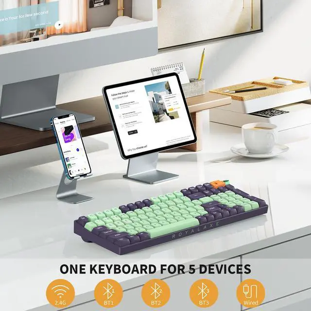 Alt view image 2 of 6 - ProtoArc X RoyalAxe R100 Mechanical Keyboard, Gateron G Pro 3.0 Yellow Switch, Hot Swappable Wired/Bluetooth/2.4G Wireless Keyboard with RGB Light for Windows & Mac, PBT Keycaps Starry Cyan