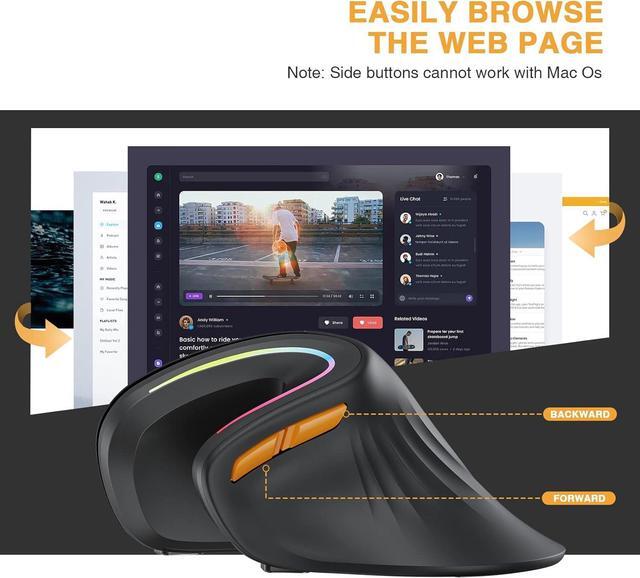 Alt view image 7 of 7 - Ergonomic Mouse Wireless, ProtoArc EM11 Bluetooth Vertical Ergo Mouse, Rechargeable, 2.4G RGB Optical Vertical Mice with 3 Adjustable DPI, 3-Device Connection for PC, iPad, Mac, Windows-Black