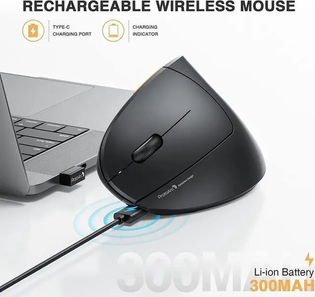 Alt view image 3 of 7 - Left Handed Bluetooth Mouse, ProtoArc EM13 Wireless Ergonomic Vertical Mouse Rechargeable Left Hand Mice with 3 Adjustable DPI, 3 Device Connection, Compatible for PC, iPad, MacOS, Windows-Black