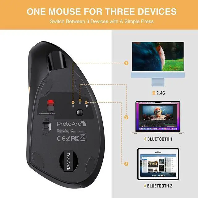 Alt view image 4 of 7 - Left Handed Bluetooth Mouse, ProtoArc EM13 Wireless Ergonomic Vertical Mouse Rechargeable Left Hand Mice with 3 Adjustable DPI, 3 Device Connection, Compatible for PC, iPad, MacOS, Windows-Black