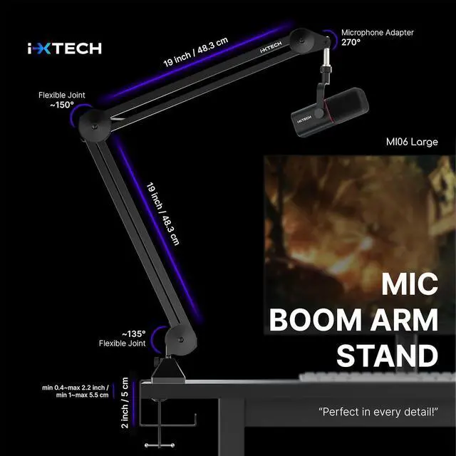 Alt view image 2 of 7 - IXTECH Microphone Boom Arm Stand, Heavy Duty Adjustable Mic Stand with Cable Ties, Desk Mount Arm Stand for Gaming Streaming Podcasting Large