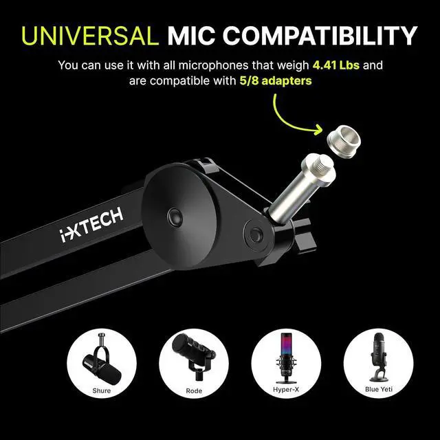 Alt view image 3 of 7 - IXTECH Microphone Boom Arm Stand, Heavy Duty Adjustable Mic Stand with Cable Ties, Desk Mount Arm Stand for Gaming Streaming Podcasting Large