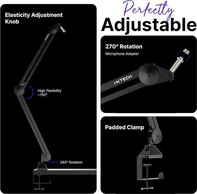 Alt view image 4 of 7 - IXTECH Microphone Boom Arm Stand, Heavy Duty Adjustable Mic Stand with Cable Ties, Desk Mount Arm Stand for Gaming Streaming Podcasting Large